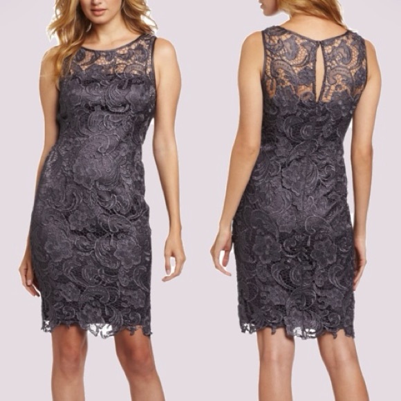 Adrianna Papell Evening Floral Crochet Lace Sheath Cocktail Dress Grey Sz 8 - Picture 1 of 13